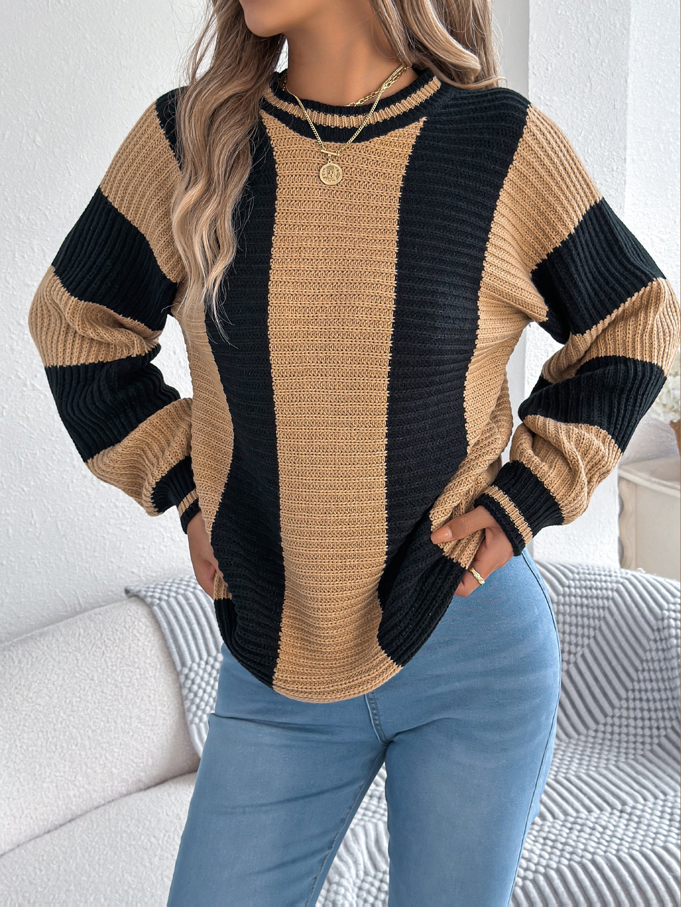Sarah Express Women's Color Block Stripe Lantern Sleeve Pullover Sweater Khaki