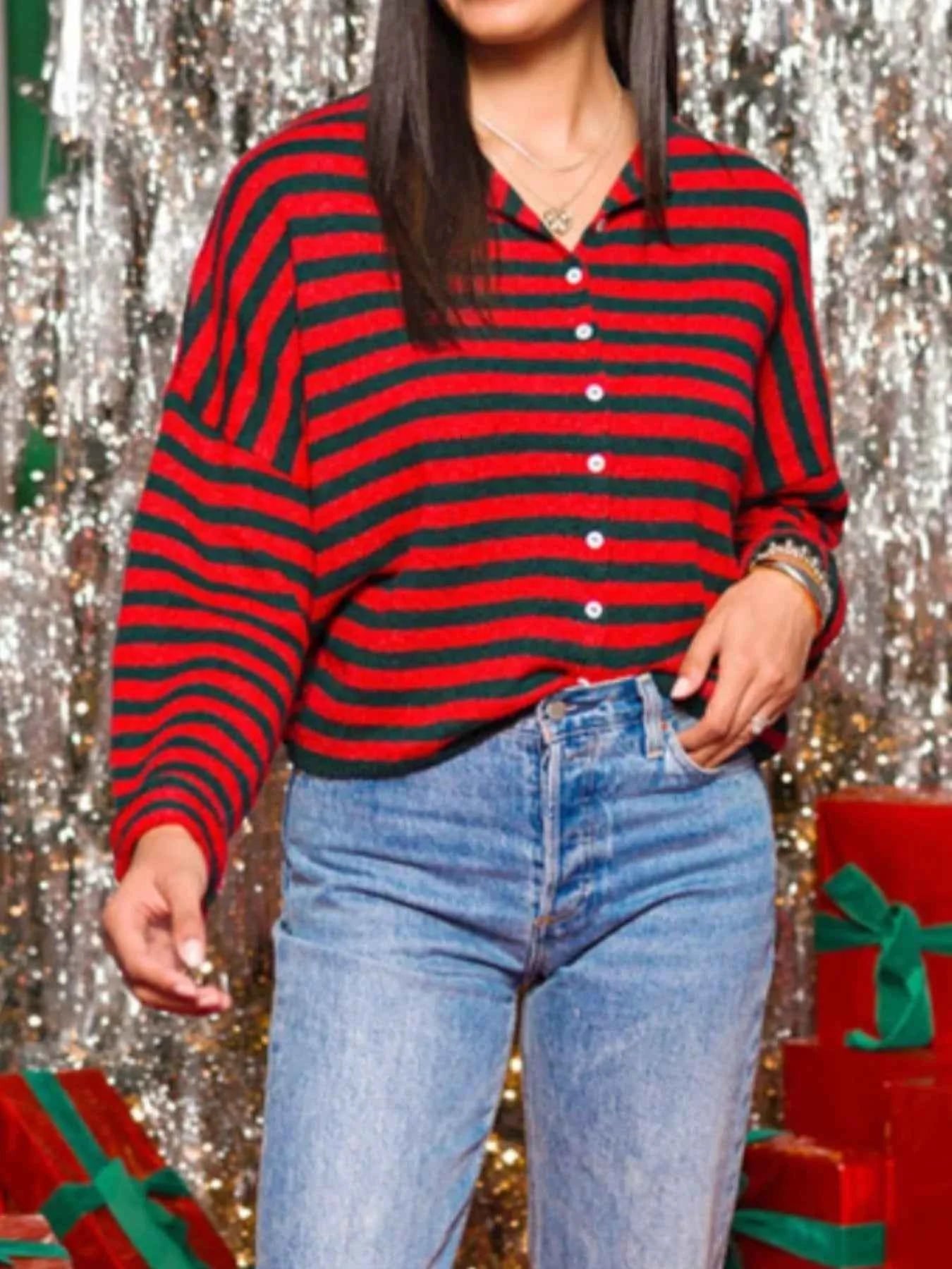 Sarah Express Women's Striped Button-Down Knit Cardigan - Long Sleeve Sweater