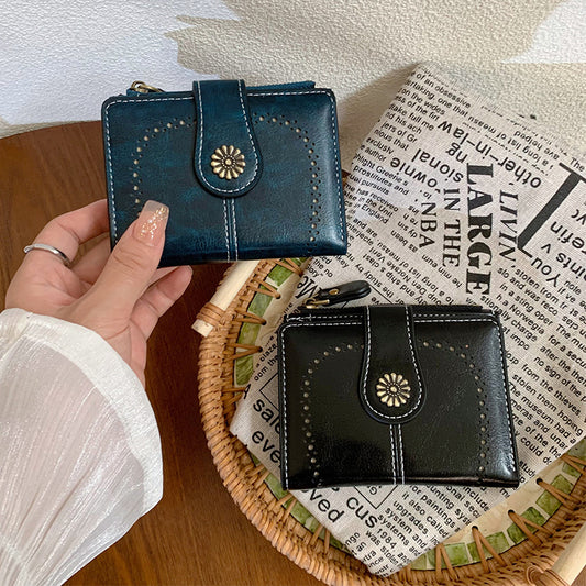 Sarah Express Women's Vintage Oil Leather Wallet - Floral Embossed Short Bifold with RFID Protection