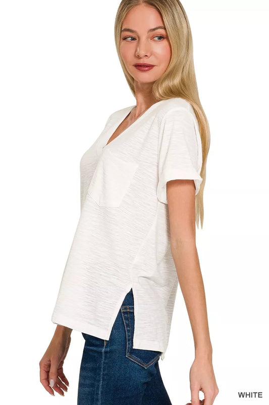 Sarah Express Women's Slub V-Neck Rolled Sleeve T-Shirt