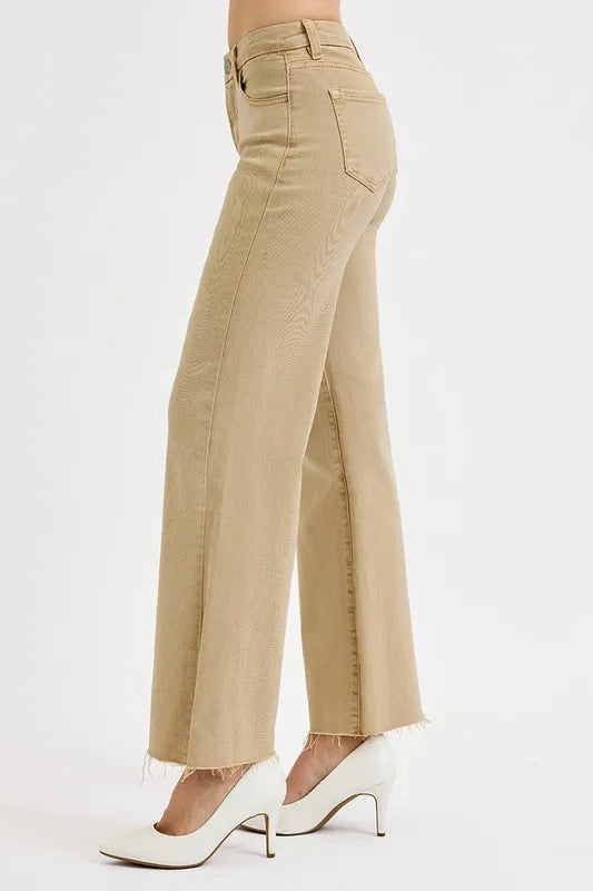 Sarah Express Women’s Plus Size Khaki Cropped Wide Leg Jeans with Raw Hem