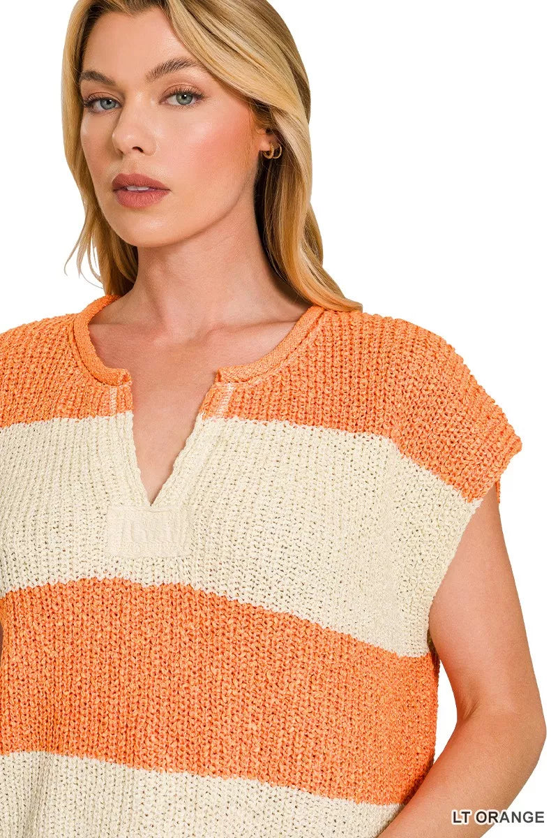 Sarah Express Women's Split Neck Sleeveless Stripe Sweater - Casual Knitwear Top