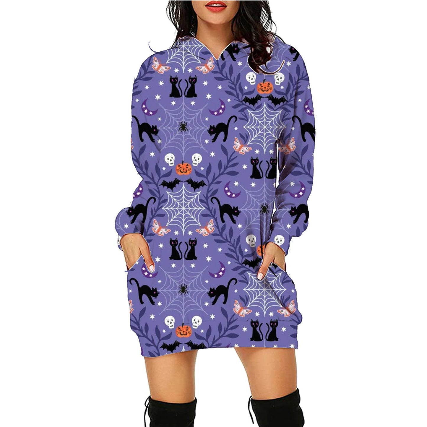 Sarah Express Halloween Print Long Hoodie With Pockets - Women's Oversized Sweater SC17