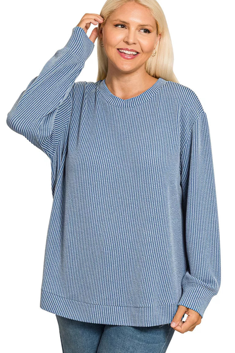 Sarah Express Women’s Plus Size Raised Rib Long Sleeve Top Casual All-Season