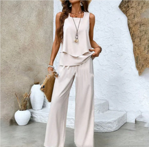 Sarah Express Women's Print Two-Piece Set Sleeveless Double Layer Vest Top Loose Straight Pants Floral Suit