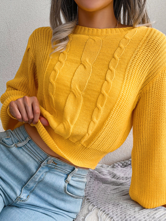 Sarah Express Women's Cable Knit Lantern Sleeve Cinched Sweater - Cozy Pullover Top