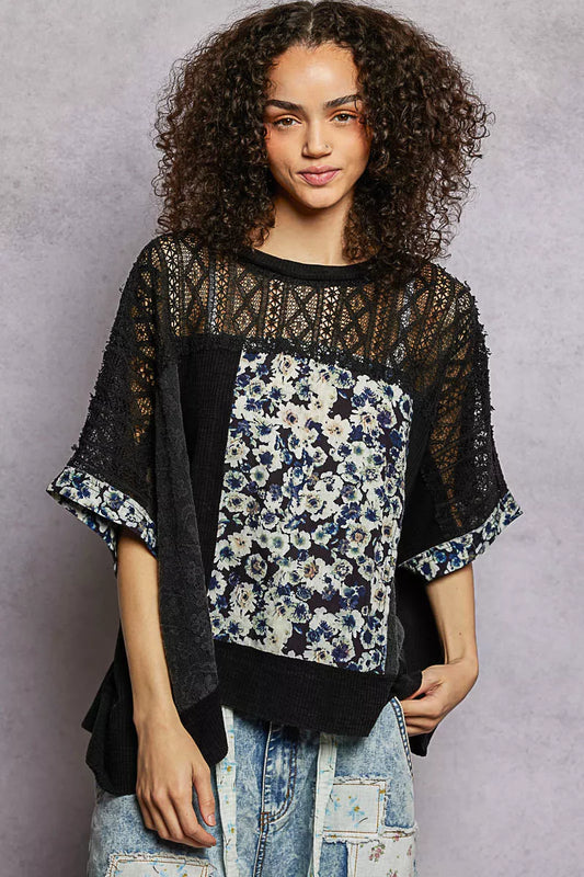 Sarah Express Women's Floral Patchwork Lace Accent Blouse - Oversized Ribbed Top