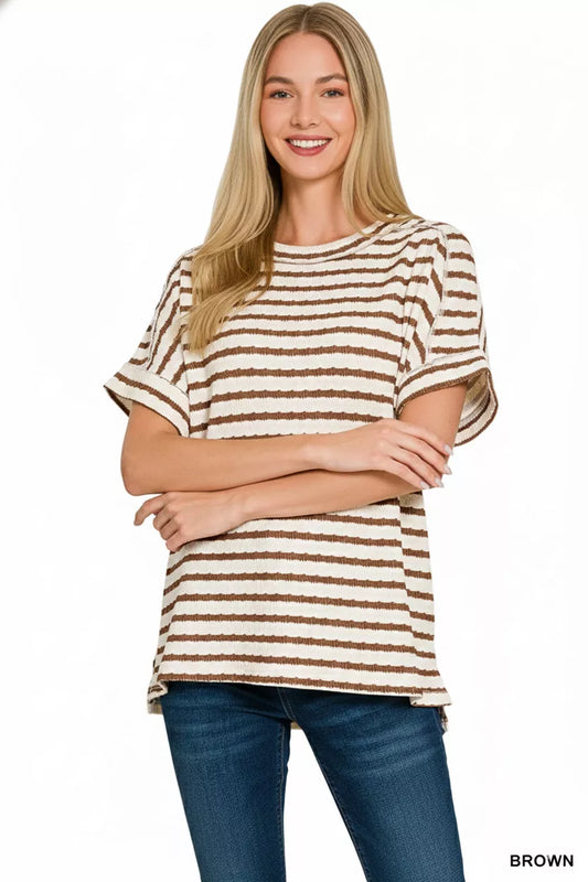 Sarah Express Women's Stripe Jacquard Round-Neck Tee