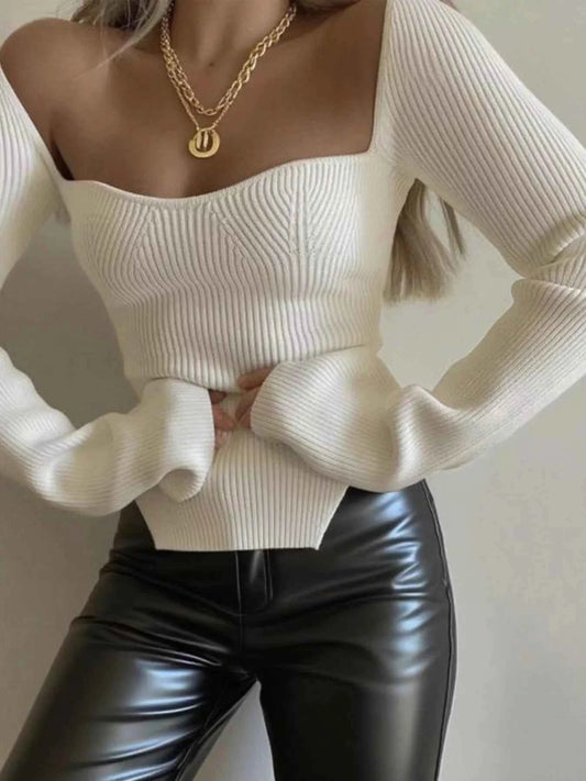 Sarah Express Women's Ribbed Knit Sweetheart Neckline Sweater - Long Sleeve Pullover Top