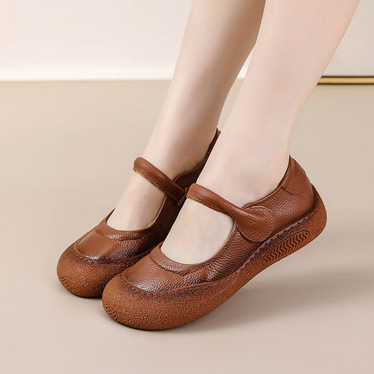 Sarah Express Women's Retro Flat Round-Toe Velcro Shoes – Genuine Leather | Black, Brown, Khaki