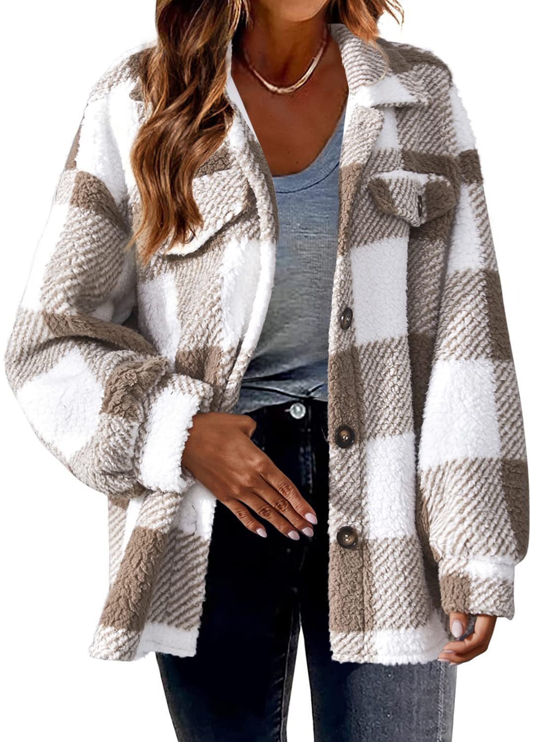 Sarah Express Women's Striped Plush Jacket - Button-Front Shacket Coat in 8 Colors - Loose Fit S-5XL Plus Size