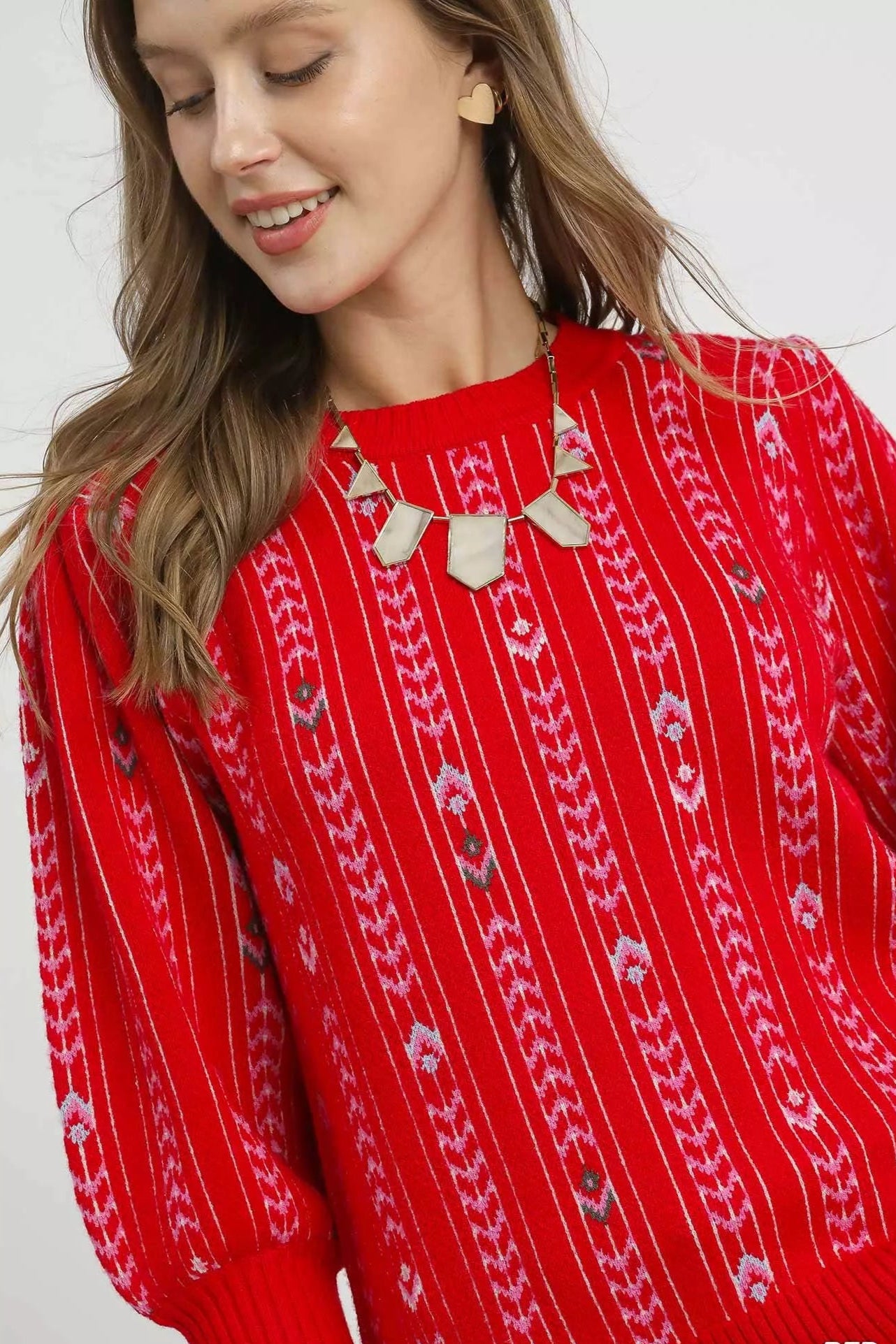 Sarah Express Women’s Jacquard Knit Puff Sleeve Sweater Casual