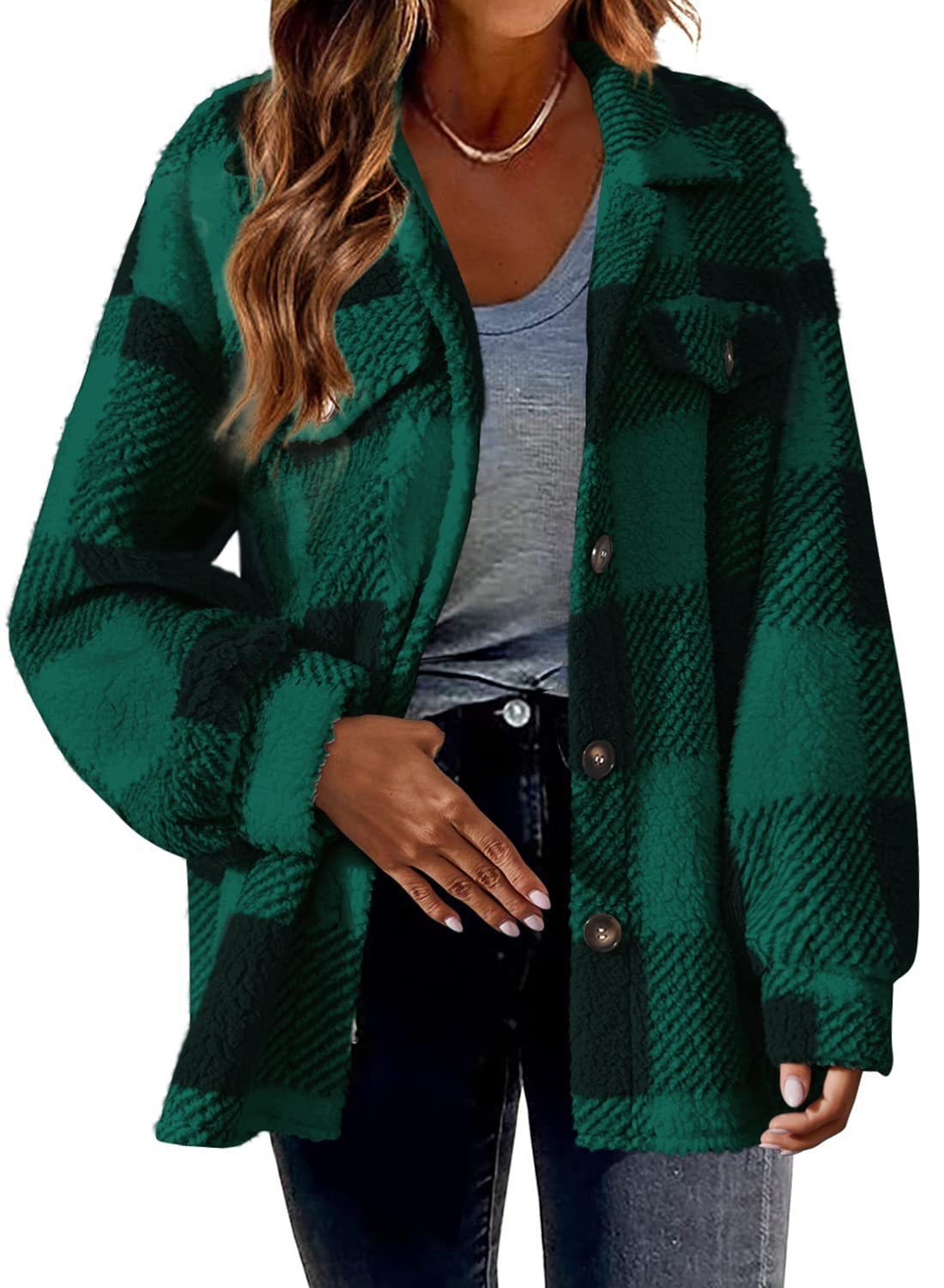 Sarah Express Women's Striped Plush Jacket - Button-Front Shacket Coat in 8 Colors - Loose Fit S-5XL Plus Size