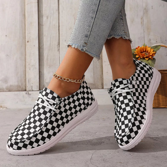 Sarah Express Women's Checkerboard Canvas Sneakers - Casual Flat Lace-Up Shoes