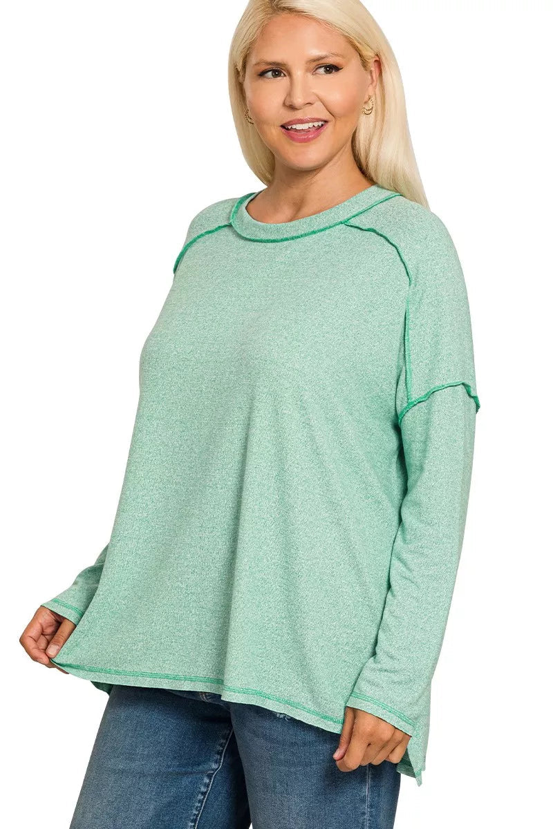 Sarah Express Women’s Plus Size Melange Hacci Tee with Exposed Seam Hi-Low Hem
