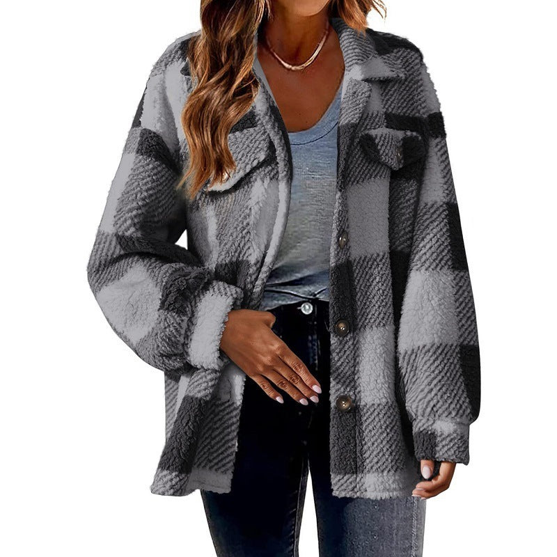 Sarah Express Women's Striped Plush Jacket - Button-Front Shacket Coat in 8 Colors - Loose Fit S-5XL Plus Size
