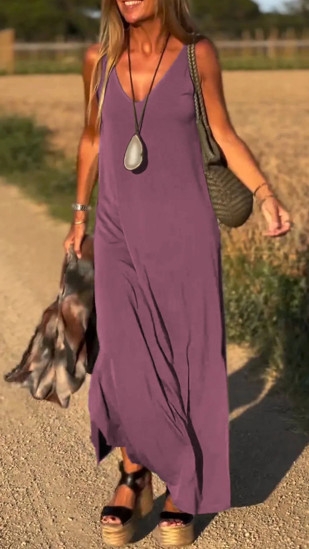 Sarah Express Women's V-Neck Cami Strap Maxi Dress Sleeveless Wide Waist Long Casual Summer Dress