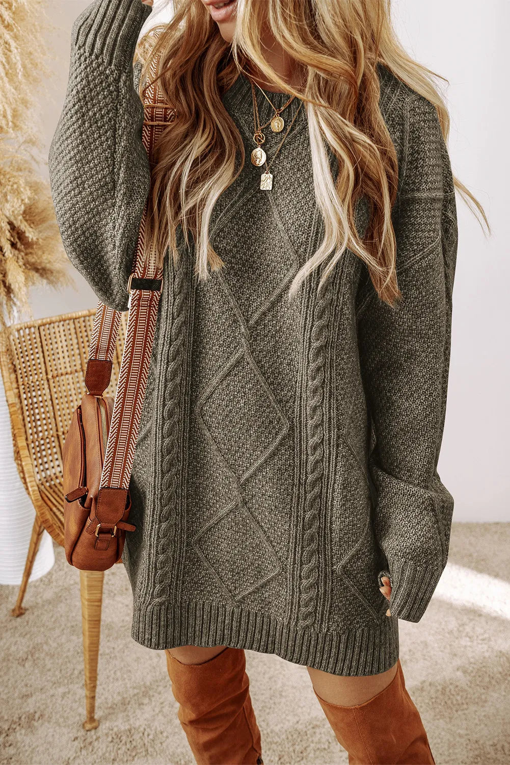 Sarah Express Women's Cable-Knit Sweater Dress Round Neck Long Sleeve Fall Winter Casual Comfort