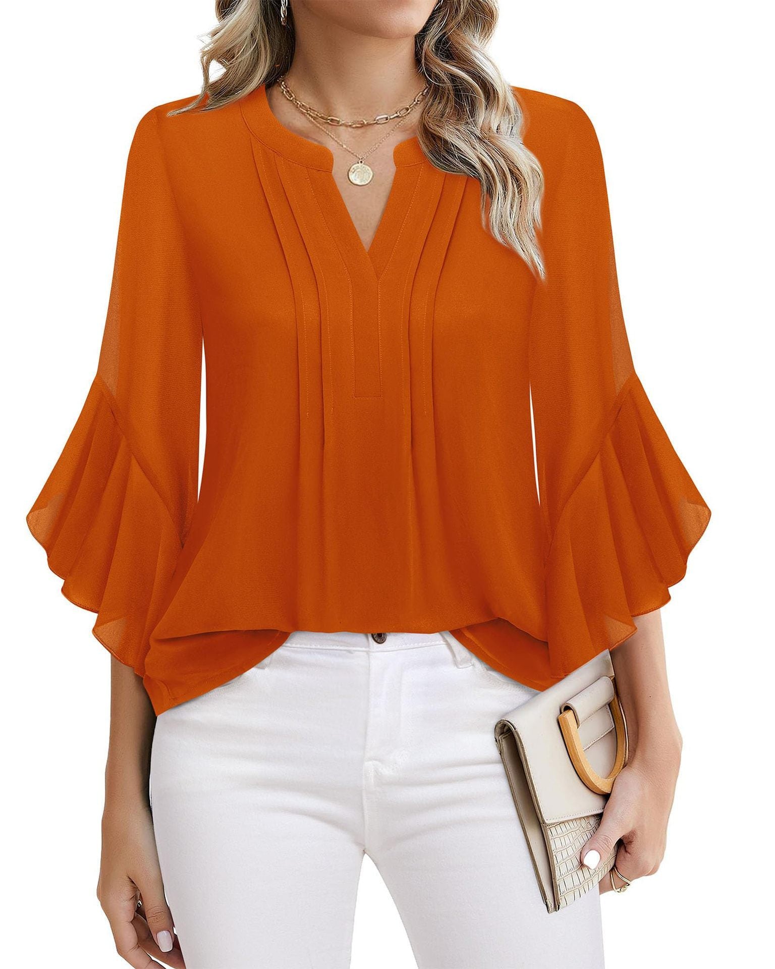 Sarah Express Women's Lotus Leaf Ruffle Sleeve Pullover Top Loose Fit 3/4 Sleeve