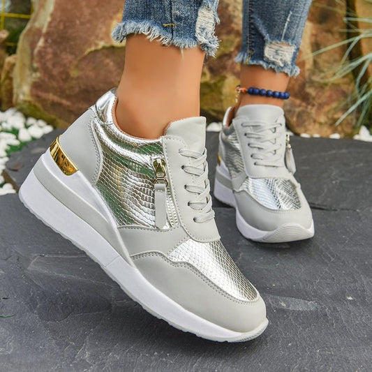 Sarah Express Women's Wedge Sole Height Increasing Casual Sneakers | Gold & Silver Platform Shoes