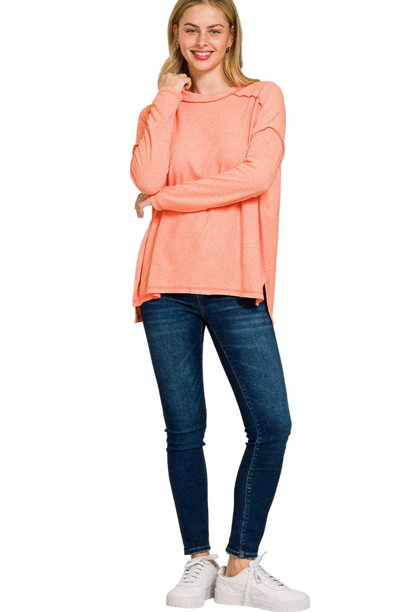 Sarah Express Women’s Plus Size Melange Hacci Tee with Exposed Seam Hi-Low Hem