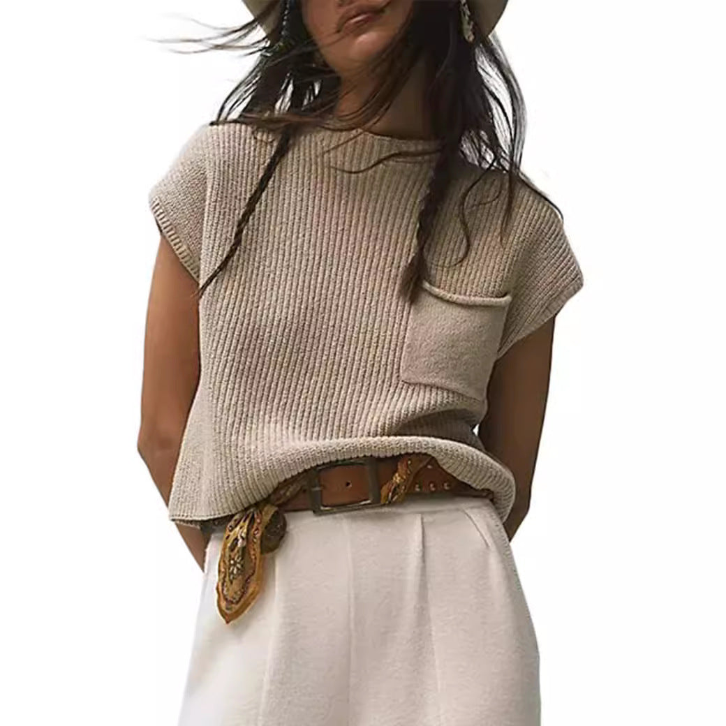 Sarah Express Women's Sleeveless Knit Ribbed Pullover Vest with Pockets