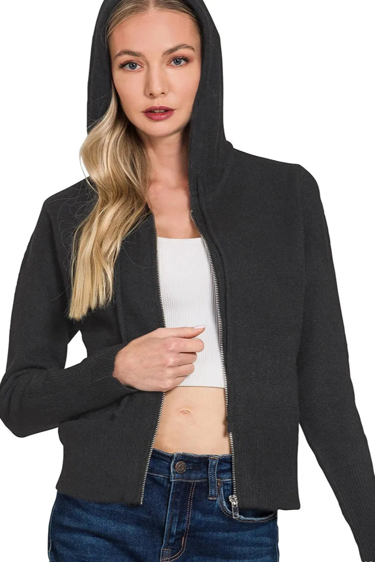 Drawstring Zip Up Hooded Cardigan