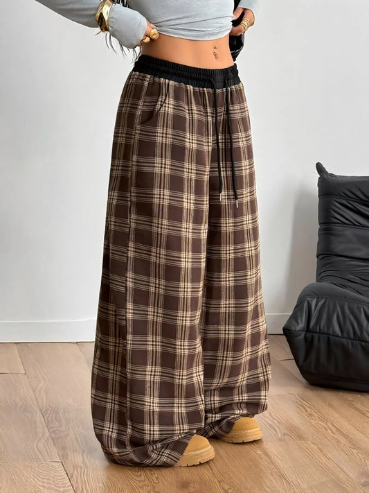 Sarah Express Women's Plaid Wide Leg Pants with Drawstring and Pockets