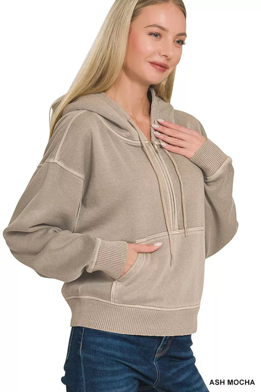 Sarah Express Women's Fleece Pigment Dye Half Zip Kangaroo Pocket Hoodie