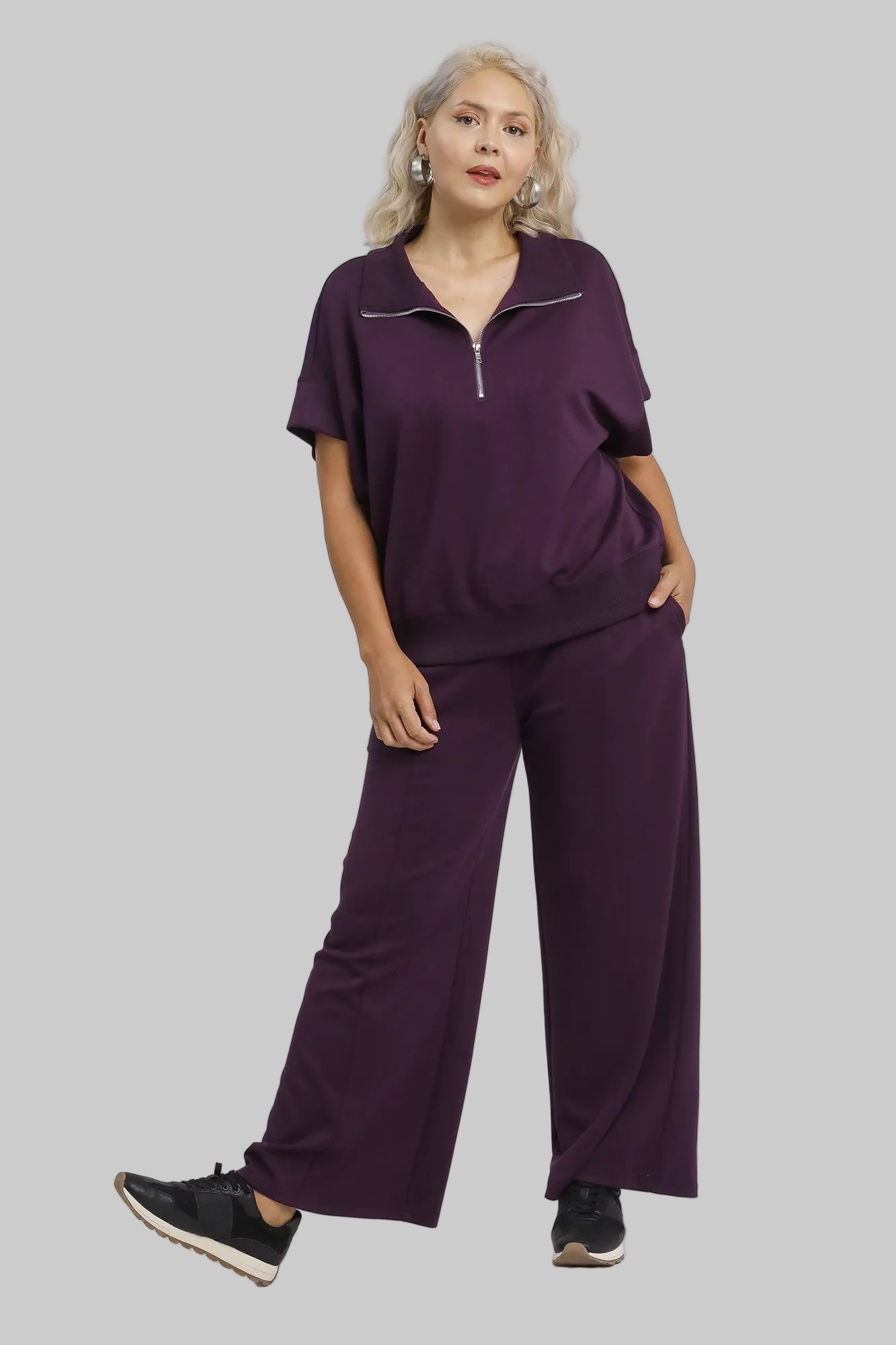 Full Size Half-Zip Short Sleeve Top Plus Size