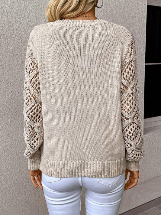 Sarah Express Women's V-Neck Pullover Sweater - Hollow Long Sleeve Knit Top