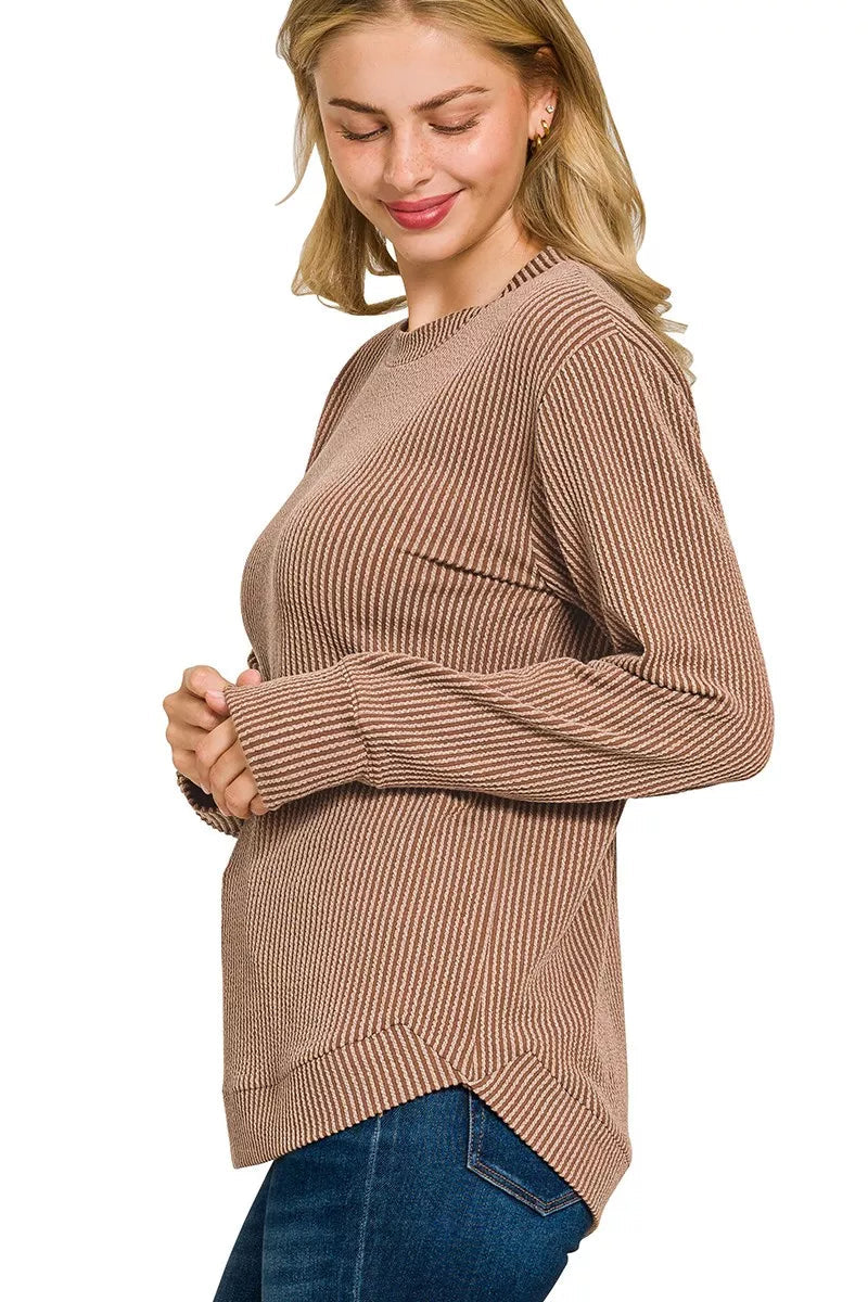 Sarah Express Women’s Plus Size Raised Rib Long Sleeve Top Casual All-Season