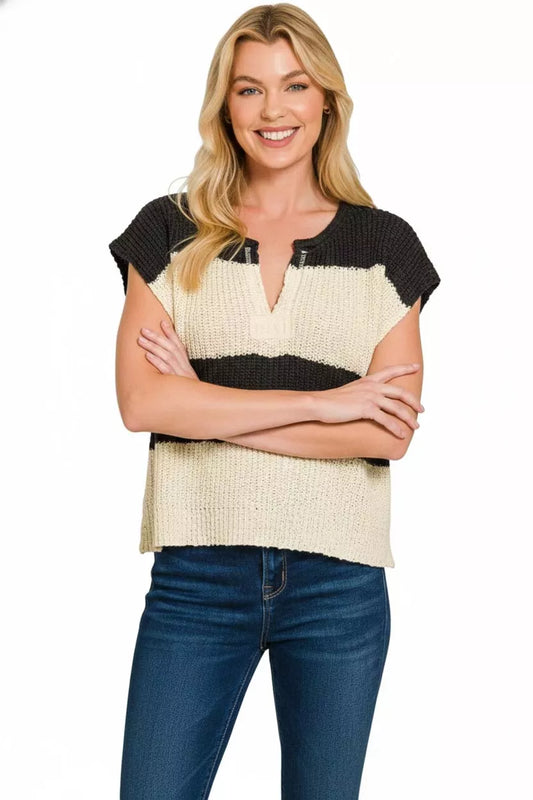 Sarah Express Women's Split Neck Sleeveless Stripe Sweater