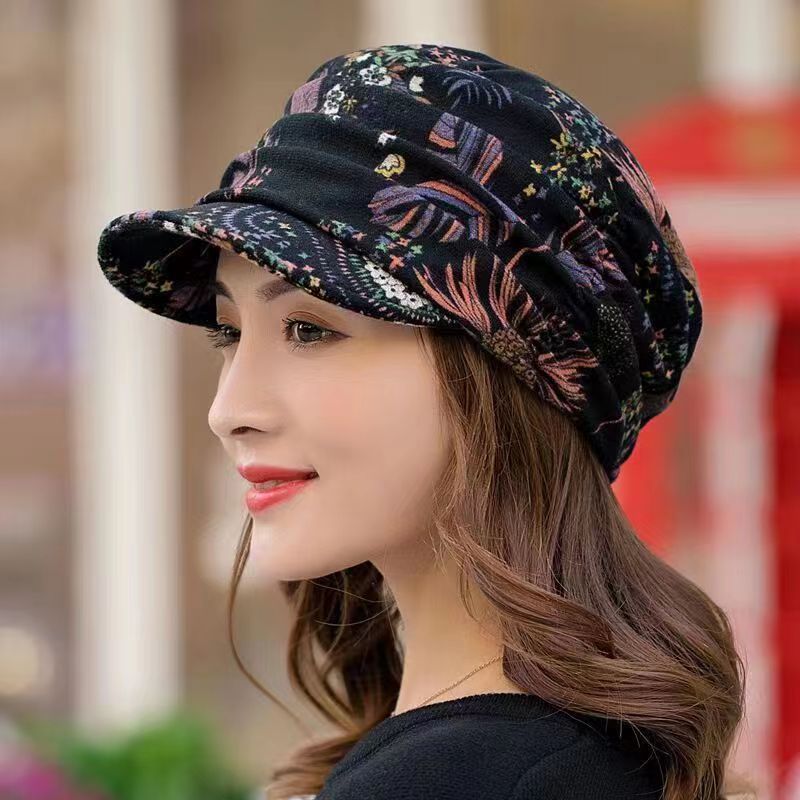 Sarah Express Floral Print Duck Cap Dome Hat Short Brim with Neck Protection