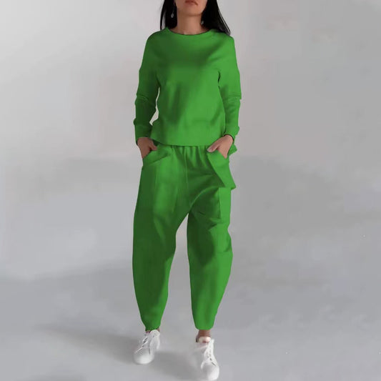 Sarah Express Women's Two Piece Sweatshirt Set - Long Sleeve Top with Back Slit & Loose Trousers with Pockets Green