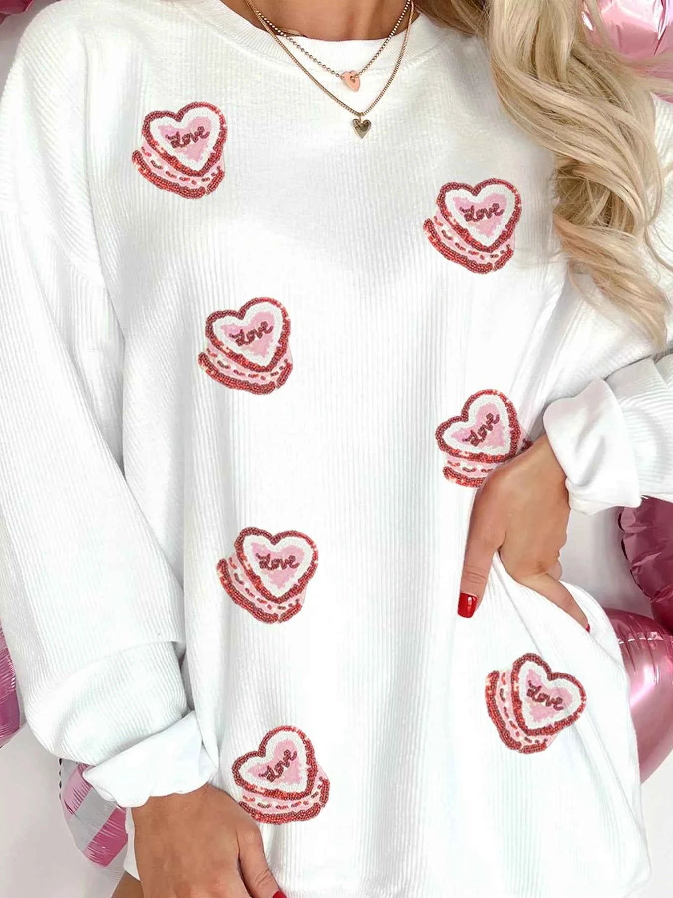 Sarah Express Women's Sequin Love Heart Sweatshirt - Valentine's Day Corded Pullover