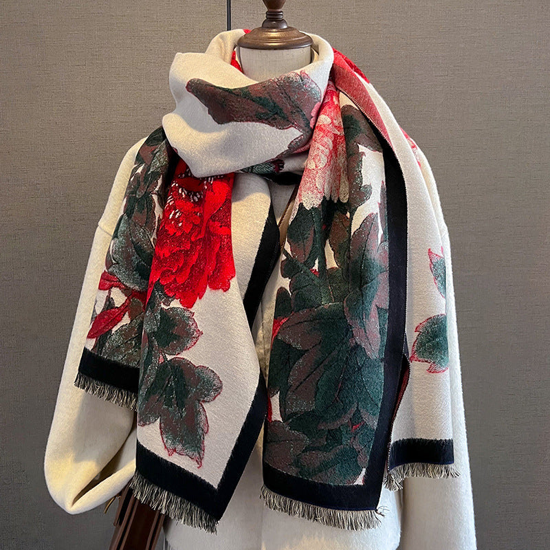 Sarah Express Women's Retro Floral Scarf Thick Warm Artificial Cashmere Tie Dye Fall Winter Accessory