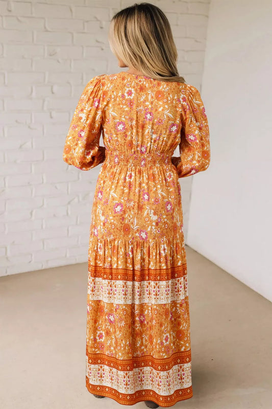 Sarah Express Floral Print Smocked Waist Long Sleeve Maxi Dress