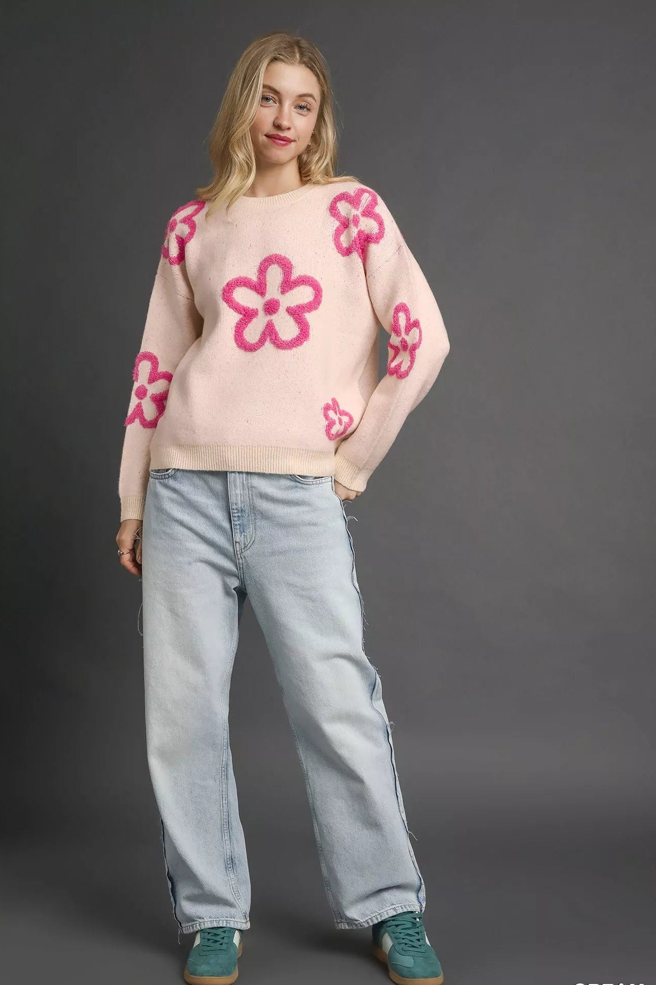 Sarah Express Women’s Round Neck Sweater with Pink Floral Accents