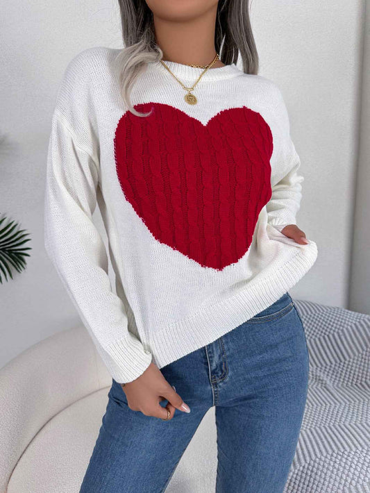 Sarah Express Women's Cable Knit Heart Pattern Pullover Sweater Long Sleeve