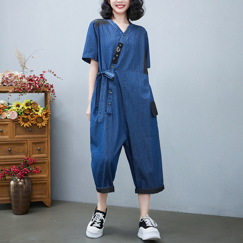 Sarah Express Drawstring Denim-Style Jumpsuit Wide Leg Cropped One Size