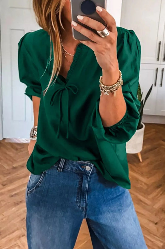 Sarah Express Women's Solid Color Frilled V Neck Bow Detail 3/4 Sleeve Blouse