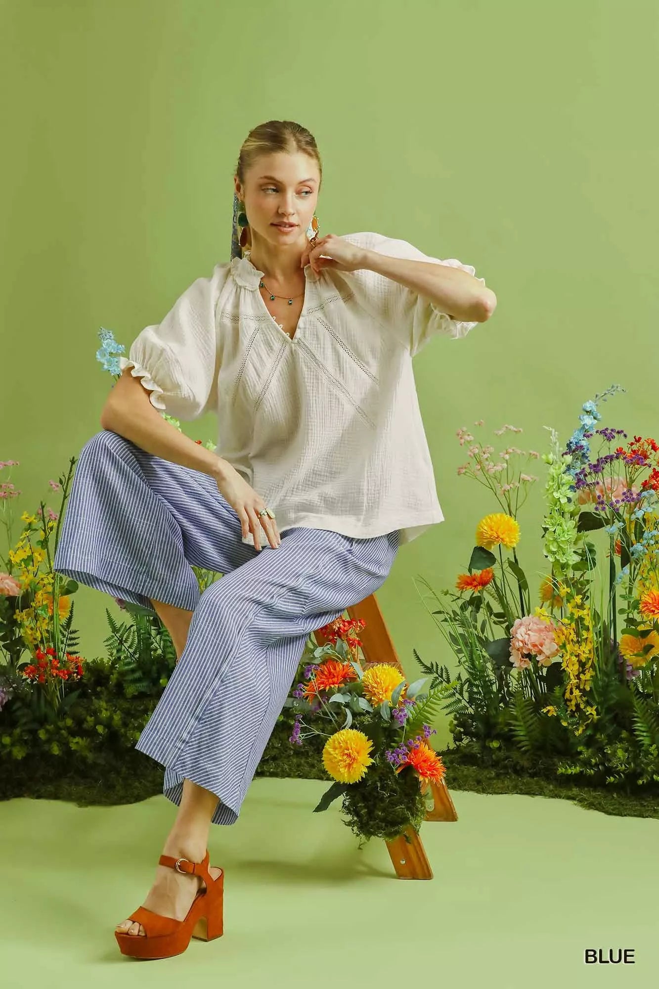 Sarah Express Women's Linen Blend Striped Wide Leg Pants - High Waisted Cropped Palazzo Pants