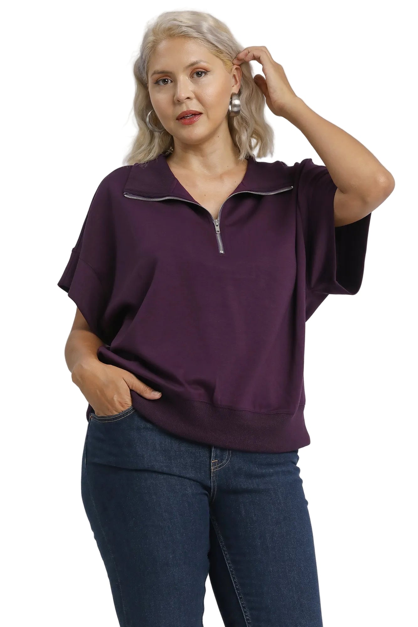 Full Size Half-Zip Short Sleeve Top Plus Size
