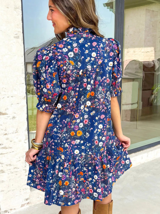 Sarah Express Women's Floral Print Ruffle Hem Mini Dress Short Sleeve Cotton Blend Summer Dress