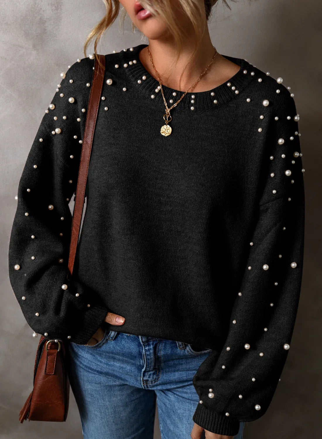 Sarah Express Women's Pearl Detail Round Neck Sweater Long Sleeve Elegant Fall Winter Casual Work