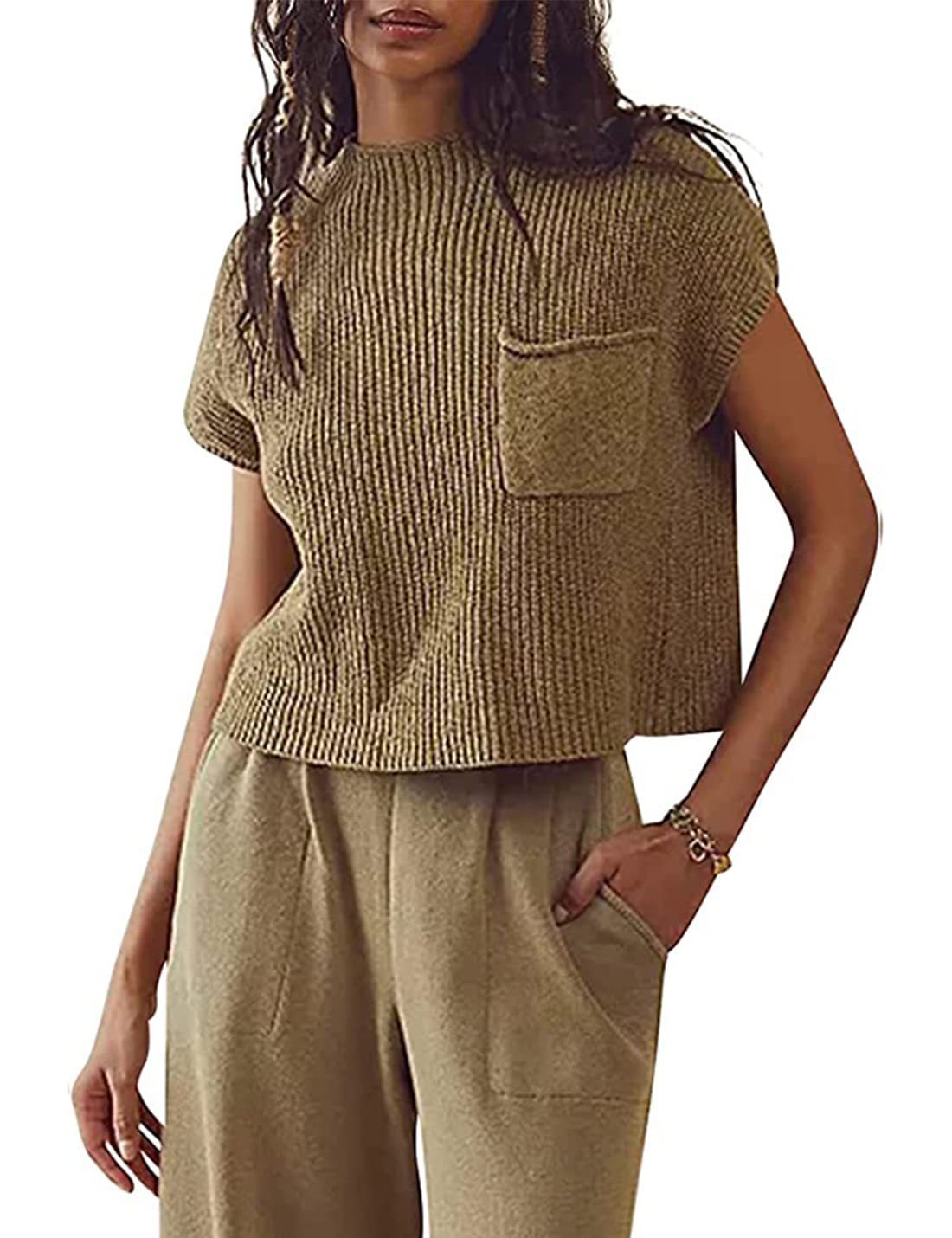 Sarah Express Women's Sleeveless Knit Ribbed Pullover Vest with Pockets