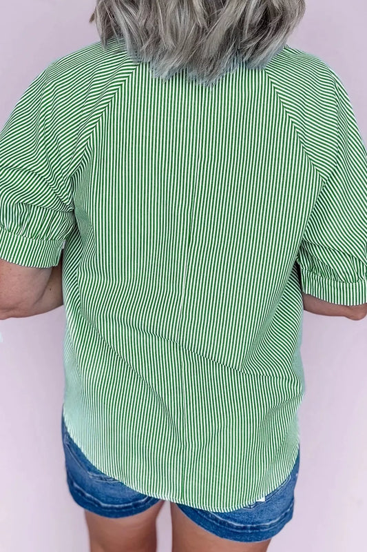 Sarah Express Women's Striped Print Collared Split Neck Half Sleeve Blouse