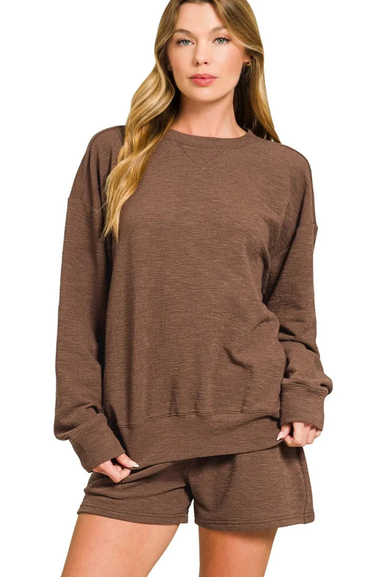 Sarah Express Women’s Slub Knit Lounge Set with Long Sleeve Top and Shorts