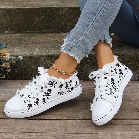 Sarah Express Women's Graffiti Hip-Hop Casual White Sneakers – Lace-Up Low-Top Street Style